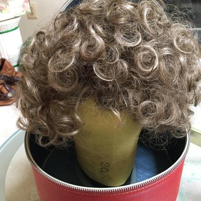 Vintage short curly wig case with wig and wig stand