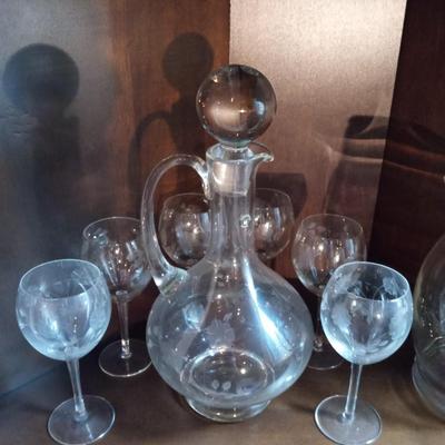 ETCHED DECANTER W/MATCHING STEMMED GLASSES AND GLASS PITCHER
