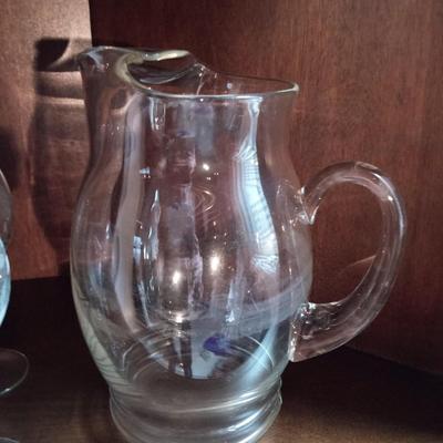 ETCHED DECANTER W/MATCHING STEMMED GLASSES AND GLASS PITCHER