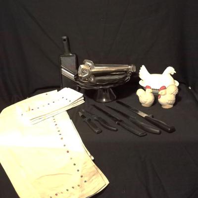 BLACK PEDESTAL CAKE DISH-VINTAGE CHICKEN S&P SHAKERS AND DISH-MORE