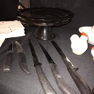BLACK PEDESTAL CAKE DISH-VINTAGE CHICKEN S&P SHAKERS AND DISH-MORE