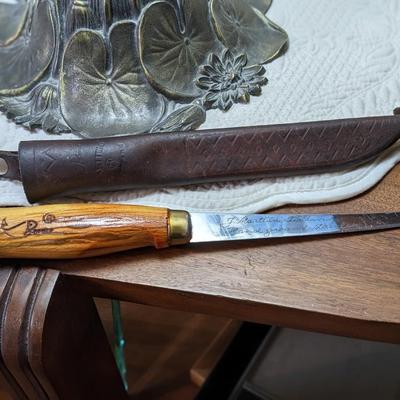 Vintage FINLAND J Marttiini Fish Fillet Knife w/Leather Sheath