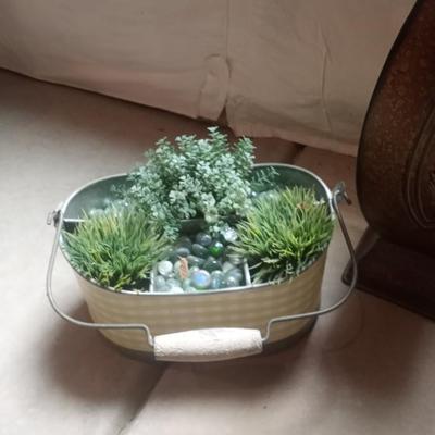 METAL FLOOR VASE WITH FOLIAGE AND METAL CONTAINER WITH DECORATIVE MARBLES AND FAUX PLANTS