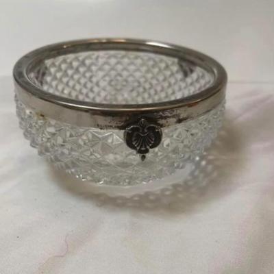 Diamond Point  Crystal Bowl with Silver Plated Rim. 3 Silver Designs. 4-1/2”