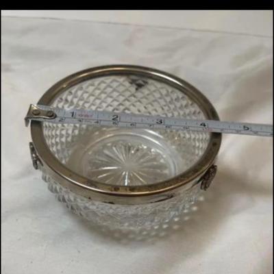 Diamond Point  Crystal Bowl with Silver Plated Rim. 3 Silver Designs. 4-1/2”