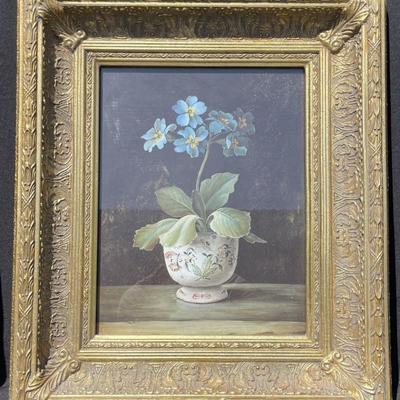 Framed, oil on canvas, flower in pot still life.  Unknown artist