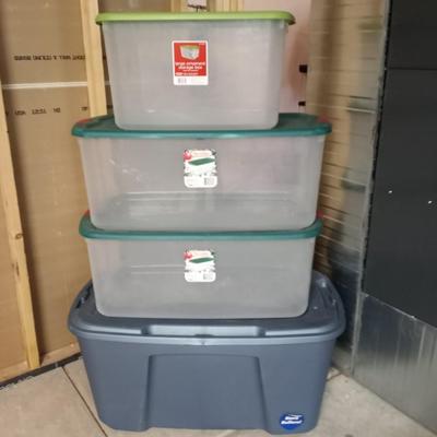 FOUR TOTE CONTAINERS WITH LIDS
