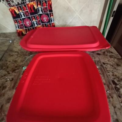 GLASS BAKING PANS TWO WITH LIDS-SPATULAS-HOTPADS