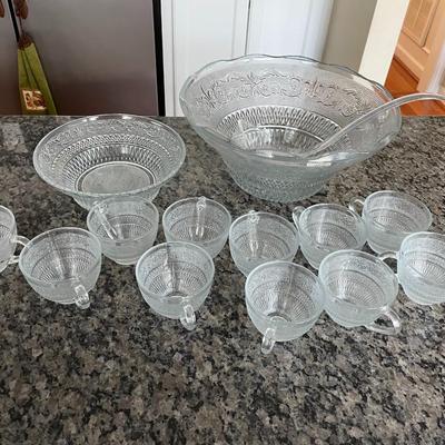 Glass Punch Bowl, Cups, and Ladle - Lot 84