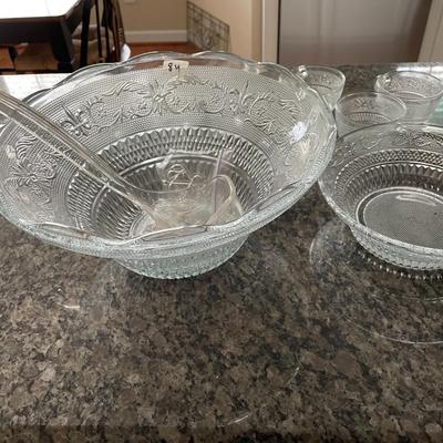 Glass Punch Bowl, Cups, and Ladle - Lot 84