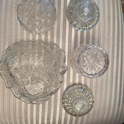 6 Pieces Glass including 2 Candlesticks, 1 bowl - Lot 157