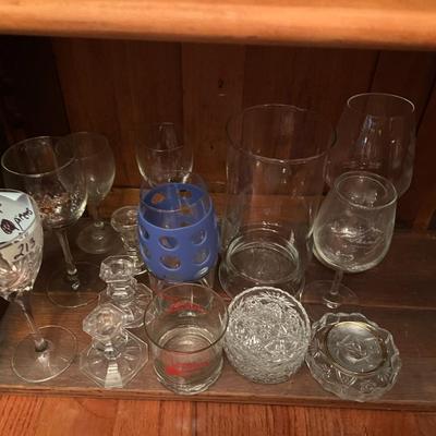 Box Lot of Miscellaneous Glass Candlesticks Coasters Wine Classes - Lot 213