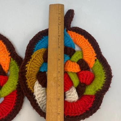 Pair of Vintage Colorful Knot Crochet Potholder Trivets