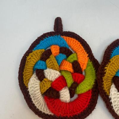 Pair of Vintage Colorful Knot Crochet Potholder Trivets