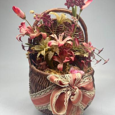 Vintage Cottagecore Faux Flowers Foliage Hanging Basket Home Decor