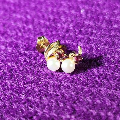 Ruby & Pearl Earrings on Gold Mounts