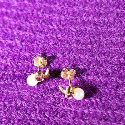 Ruby & Pearl Earrings on Gold Mounts
