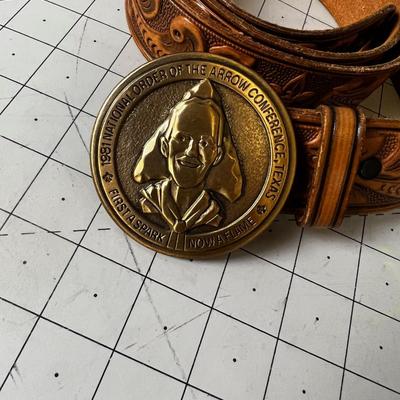Leather tooled Belt and Boy Scout Order of the Arrow Buckle 