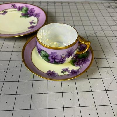 Violets Hand Painted Cup and Saucer dated 1914 by Lucile Wallace