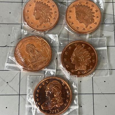 5 Mixed lot of different Styles of 1 once Copper Bullion 
