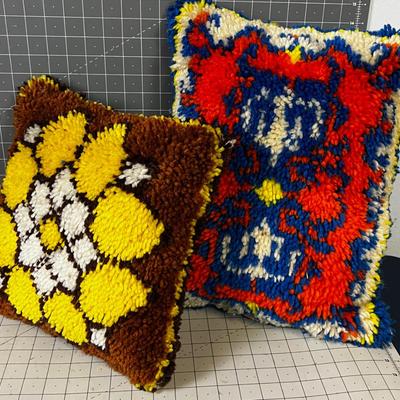 2 VINTAGE Hook Rug Throw Pillows with Terry Cloth Backs