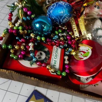 Tray of 1960's Ornaments, Greenery, Angel Hair 