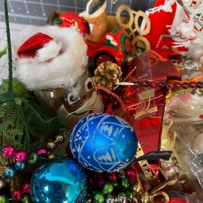 Tray of 1960's Ornaments, Greenery, Angel Hair 