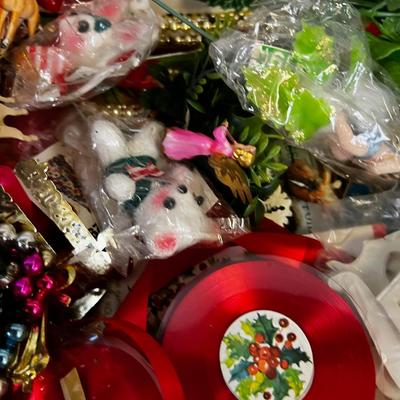 Tray of 1960's Ornaments, Greenery, Angel Hair 