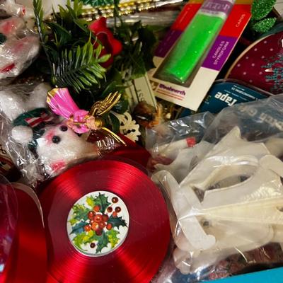 Tray of 1960's Ornaments, Greenery, Angel Hair 