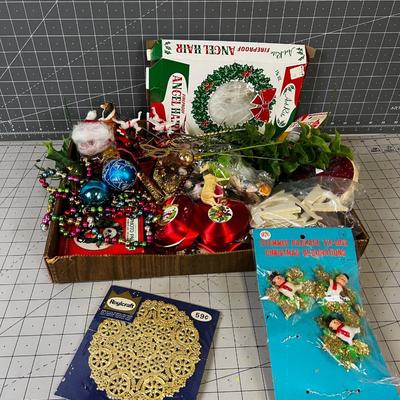 Tray of 1960's Ornaments, Greenery, Angel Hair 