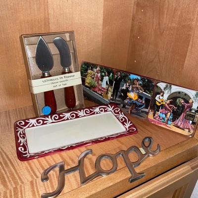 Miscellaneous metal Hope sign, cheese knives.