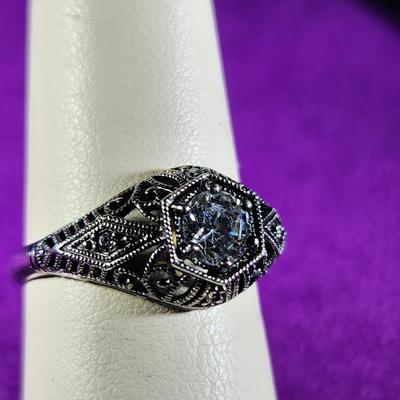 Sterling Silver Ring with Crystal Stone & Diamond Chips