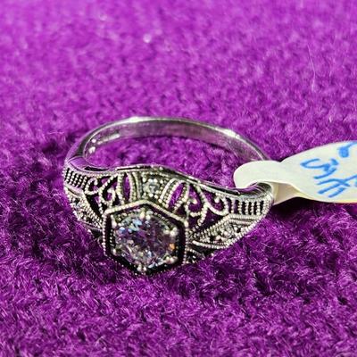 Sterling Silver Ring with Crystal Stone & Diamond Chips