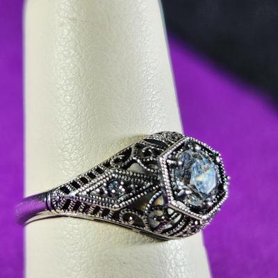 Sterling Silver Ring with Crystal Stone & Diamond Chips