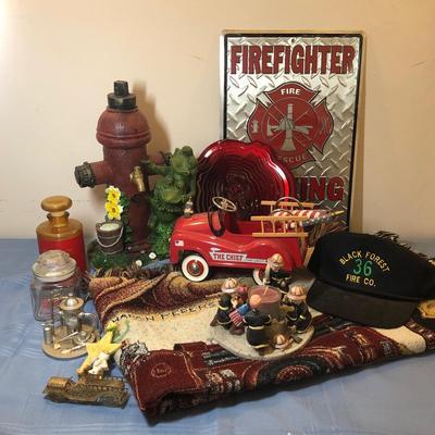 LOT 25M: Firefighter Decor Collection: Throw Blanket, Candle Holder, Sign, Frog w/ Hydrant & More