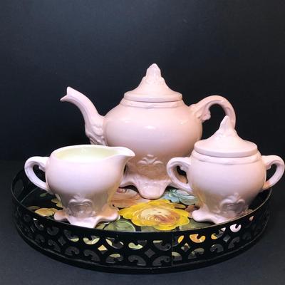 LOT 33M: Signed Pottery Tea Set, Amethyst Glass Pieces, Glass Vase & Floral Tray