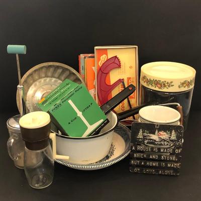 LOT 35M: Kitchen Collection: Food Saws, Enamel Pots, Pyrex Cookie Jar & More