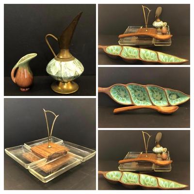 LOT 41M: MCM Wood & Glass Divided Serving Tray, MCM Treasure Craft Divided Leaf Dish , Wooden Spoon & Mini Pitchers