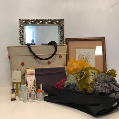 LOT 50M: Vintage Givenchy and more Glass Perfume Bottles,Rosetti Leather Wallet, Silvertone Mirror Vanity tray , a Signed 