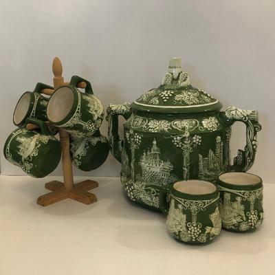 LOT 52M: Vintage Green Ceramic Castle design Biscuit Jar w/ Cups, Bitters Bottles & More