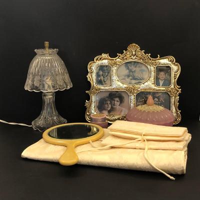 LOT 53M: Vanity Collection: Jewelry Pouches, Crystal Lamp, Ornate Picture Frame, Avon Trinket Box & Hand Mirror