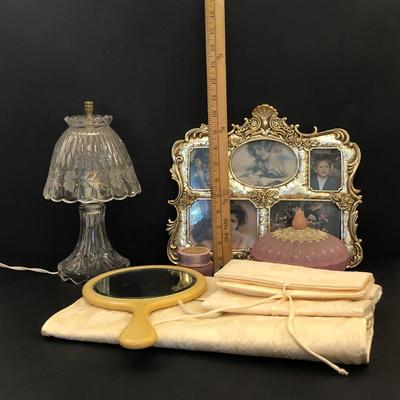LOT 53M: Vanity Collection: Jewelry Pouches, Crystal Lamp, Ornate Picture Frame, Avon Trinket Box & Hand Mirror