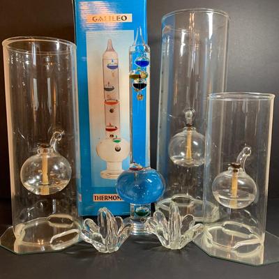 LOT 57R: Galileo Glass Themometer and Hand Blown Glass Oil Lamps Plus More