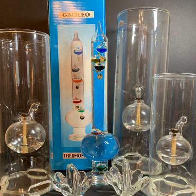 LOT 57R: Galileo Glass Themometer and Hand Blown Glass Oil Lamps Plus More