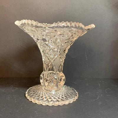 LOT 58R: Vintage American Brilliant Cut Glass Pitcher, Westmoreland Paddle Wheel Vase and Crystal Candy Dish with Rose Pattern