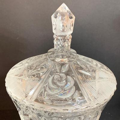 LOT 58R: Vintage American Brilliant Cut Glass Pitcher, Westmoreland Paddle Wheel Vase and Crystal Candy Dish with Rose Pattern