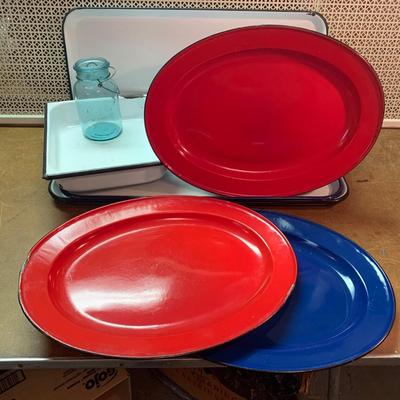 LOT 140R:  Vintage Enamel Metal Refrigerator Dishes, Trays and Oval Platters