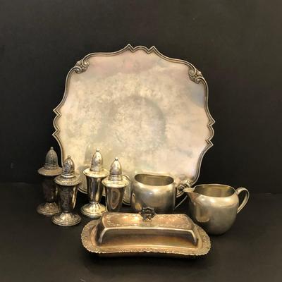 LOT 217M: Hogarth 18% Nickel Silver Cake Stand, Pewter Sugar Bowl w/ Creamer, Silver Plate Butter Dish, Crown Weighted Sterling S&P Shakers