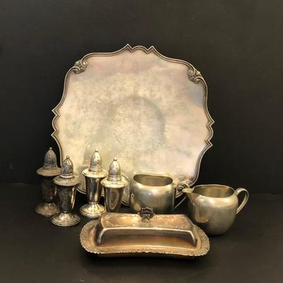 LOT 217M: Hogarth 18% Nickel Silver Cake Stand, Pewter Sugar Bowl w/ Creamer, Silver Plate Butter Dish, Crown Weighted Sterling S&P Shakers