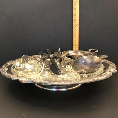 LOT 219M: Sheridan Silver Plated Serving Dish w/ Glass Inserts, HSCEP Crumb Trays& Silver Plate Serving Utensil Collection